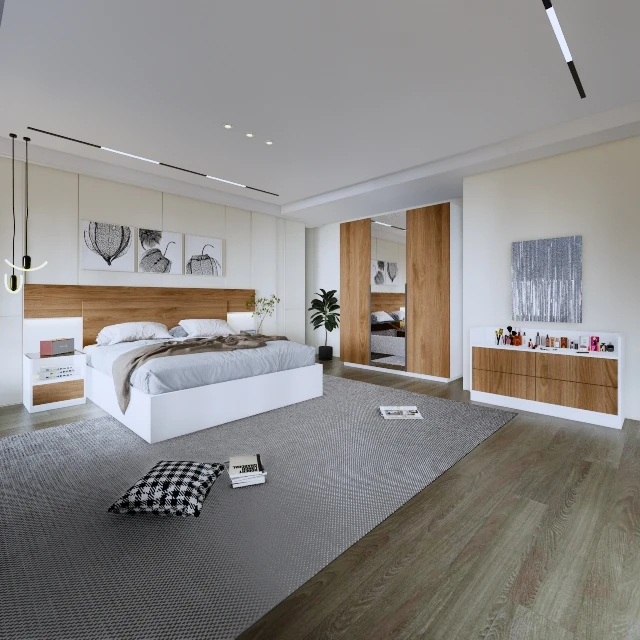 غرفة نوم خشبية بتصميم عصري وألوان أنيقة جذابة